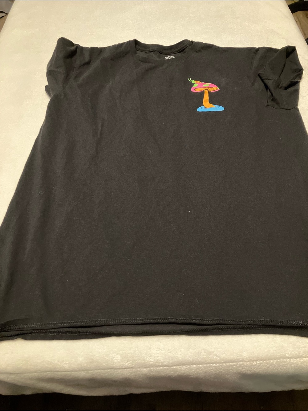Black Graphic T-Shirt with Colorful Mushroom Print